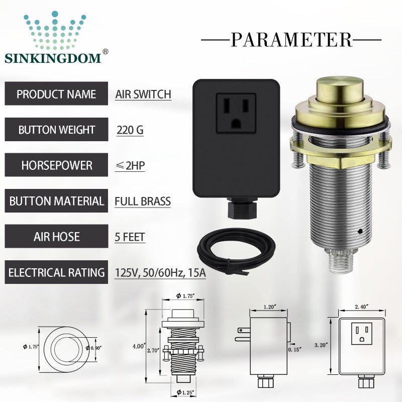 SINKINGDOM SinkTop Air Switch Kit with Brass Gold Long Button (Full Brass) for Garbage Disposal,without cabel - Image 5